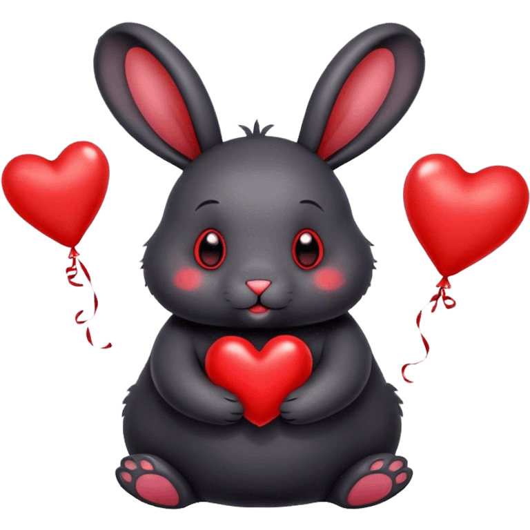 fat black rabbit with drooping ears and red metallic heart-shaped balloons emoji