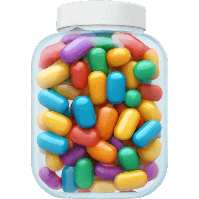 Small translucent plastic container with colorful pills inside emoji