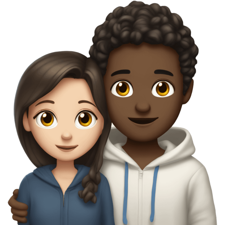 A light brunette girl with brunette eyes who is approximately 5,2 with a black hoodie and pijamas hugging a blue eyed light brunette boy with freckles wearing pijamas and a white hoodie emoji