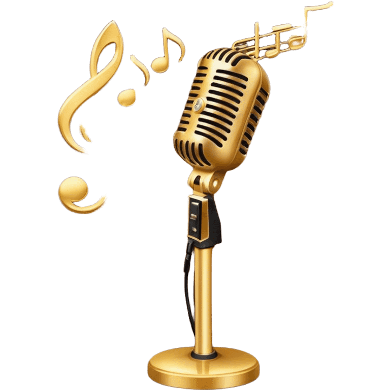 Create a sophisticated and smooth emoji representing jazz vocal performance. The design should feature a stylized microphone, with musical notes swirling around it to convey the fluid, improvisational nature of jazz. Add subtle elements like a vintage microphone stand or a hint of a singer’s silhouette in the background to reflect the live, intimate feel of jazz performance. Use deep, rich colors like gold, black, and burgundy to evoke the classic, smooth vibes of jazz. The background should be transparent. emoji