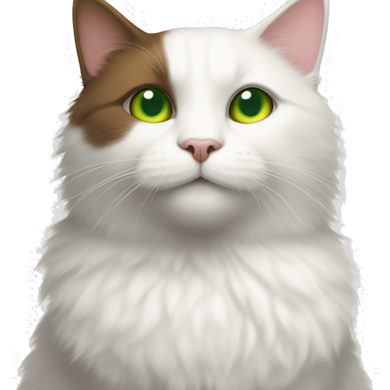 a white cat with multi-colored spots and green eyes sits together with a fluffy brown cat with yellow eyes emoji