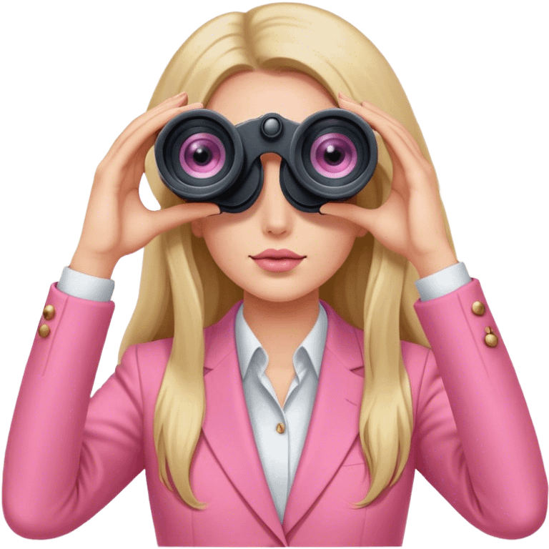 futuristic-looking woman with long hair in an intensive color pink suit looking through two-eye binoculars emoji