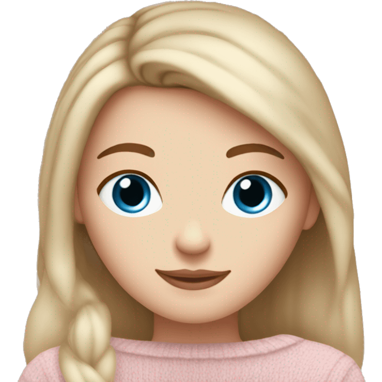 Pretty blue eyed white girl with brown hair with light pink sweater reading cozy emoji