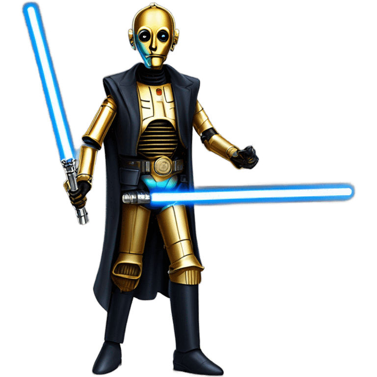 tough well-equipped jedi first order life-sized darkblue-pearl C3po as a friendly bounty hunter droid wearing a leather attire old west duster coat holding light saber ready  emoji