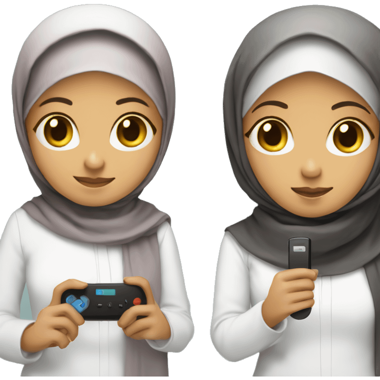 Hijabi girl holding  anki remote in one hand, computer  in the other  emoji