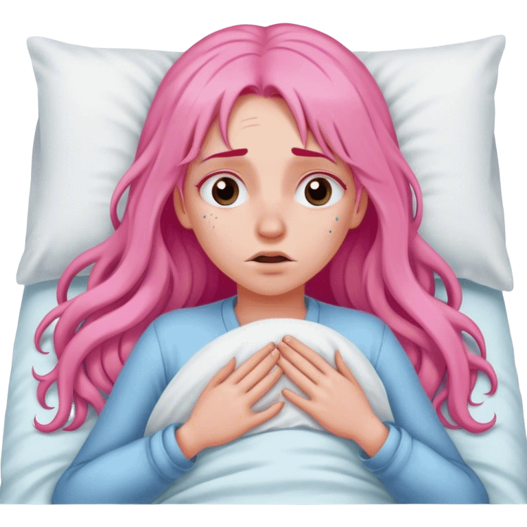 Young Woman with long pink hair In bed with sinus pain  emoji