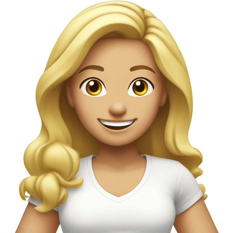 Blond girl smiling in with Zumba logo on white t-shirt emoji