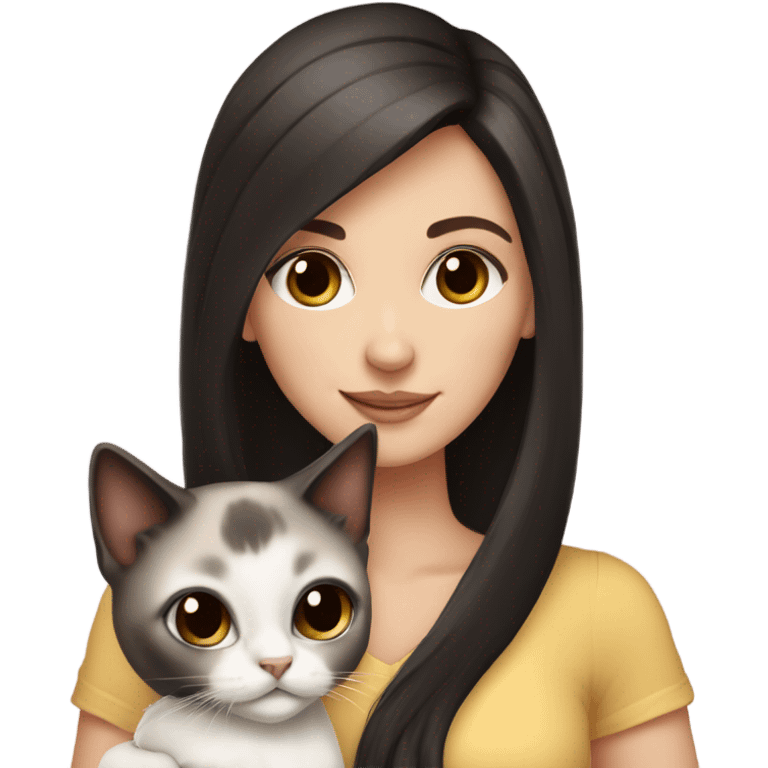 Pretty white girl with dark hair is holding a Siamese kitten emoji