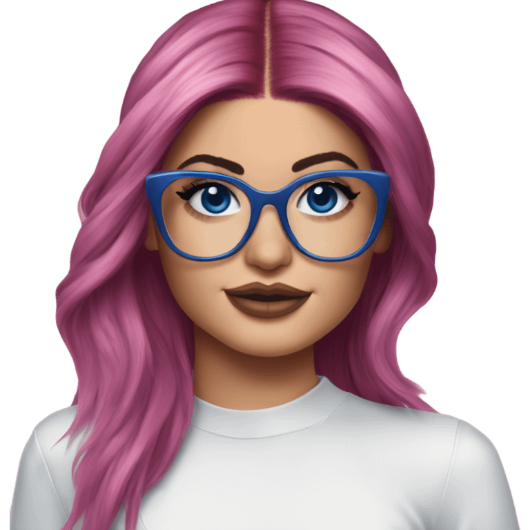 Photo Realistic kylie jenner stylish pink hair BLUE eyes and glasses dress emoji