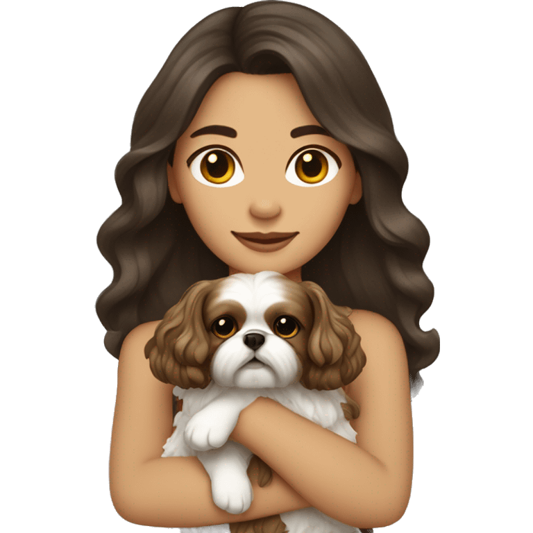 Young dark brunette medium kin hair woman with a golden shih tzu in her arms long wavy hair emoji