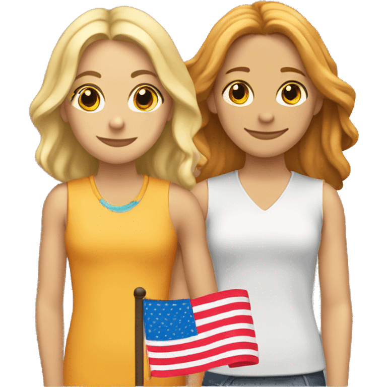 an emoji of two girls in love. one is blonde with shoulder length hair with layers and the other has long wavy auburn hair. they have a pride flag wrapped around them emoji