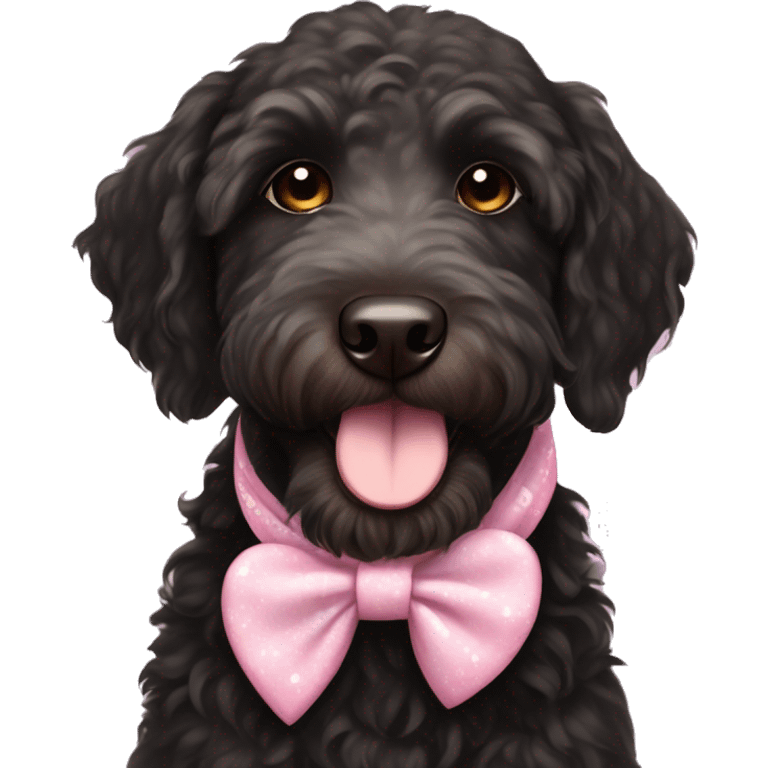 Black labradoodle female dog brown eyes with pink bows and white bandana with hearts emoji