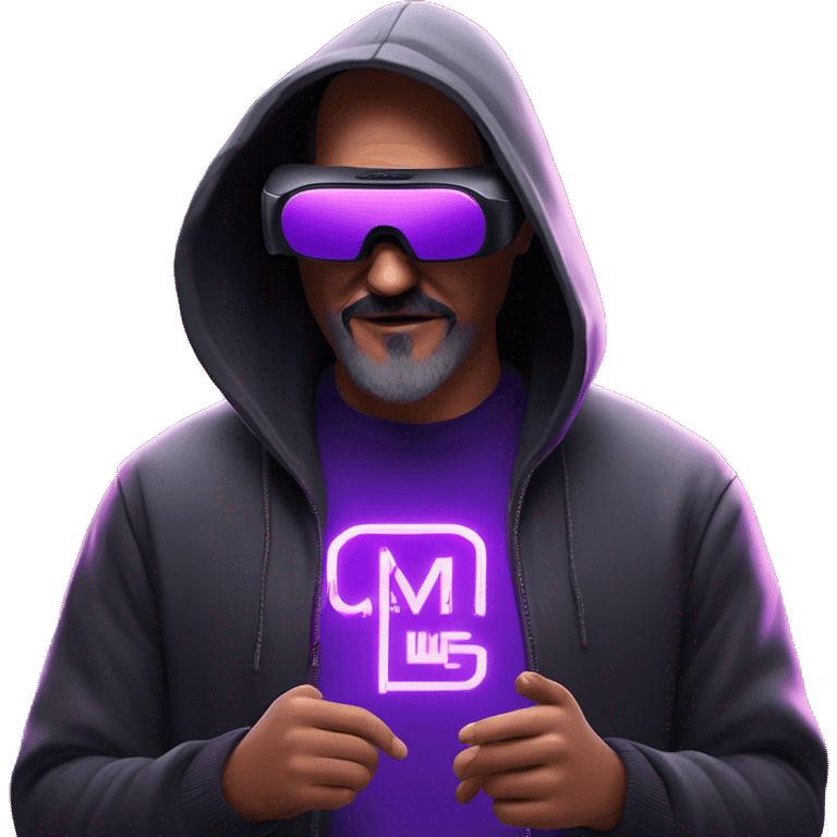 Big Lebowski wearing a black hoodie with "OMG" letters on it and VR headset oculus quest 2 in a cyberpunk VR environment with violet neon lighting. emoji