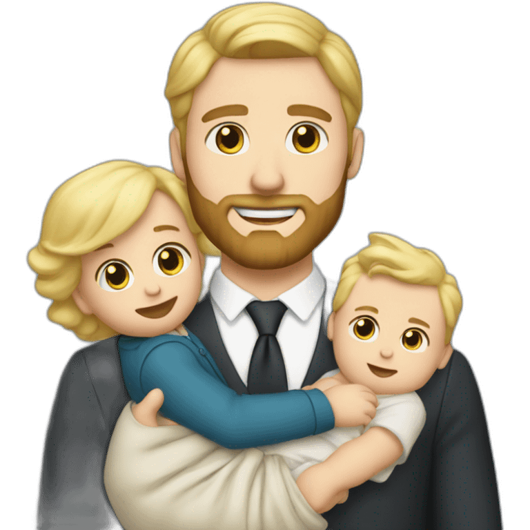 sharp dressed white man with blonde hair and a beard holding a newborn baby boy emoji