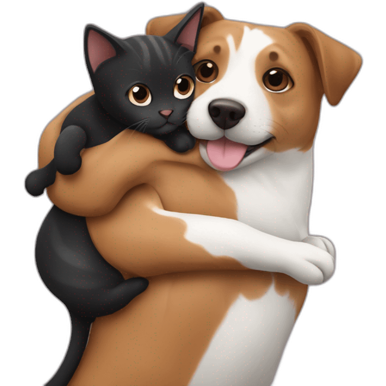 Black mackerel cat hugging brown Jack Russell dog emoji