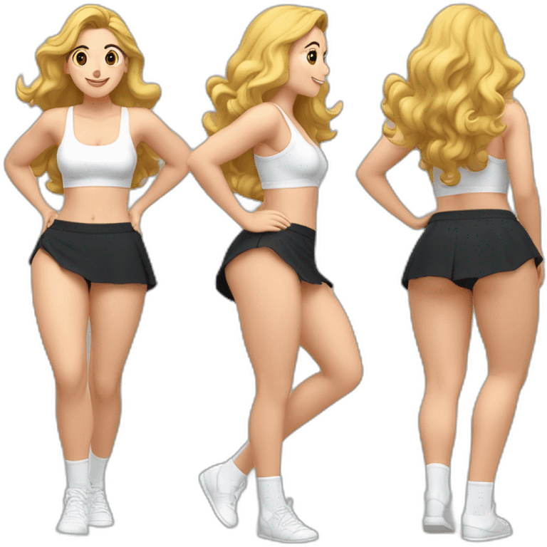 full-body-caucasian-curvy-beauty-jumping-short-black-skirt-back-and-front-views-strong-wind-white-knickers-long-white-socks emoji