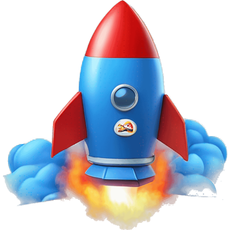 A blue and red rocket ship launching out of a cardboard box, with smoke and flames coming from the rocket's engines emoji