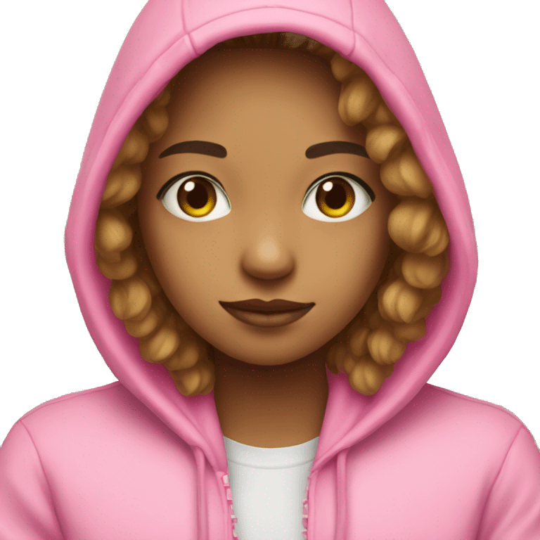 Girl wearing a pink hoodie saying pink palm puff emoji