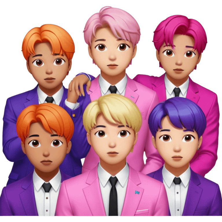 Cinematic Realistic group portrait of BTS featuring all 7 members in stylish modern attire, with detailed facial expressions and vibrant colors, captured in dynamic, contemporary lighting that emphasizes their global pop icon status emoji