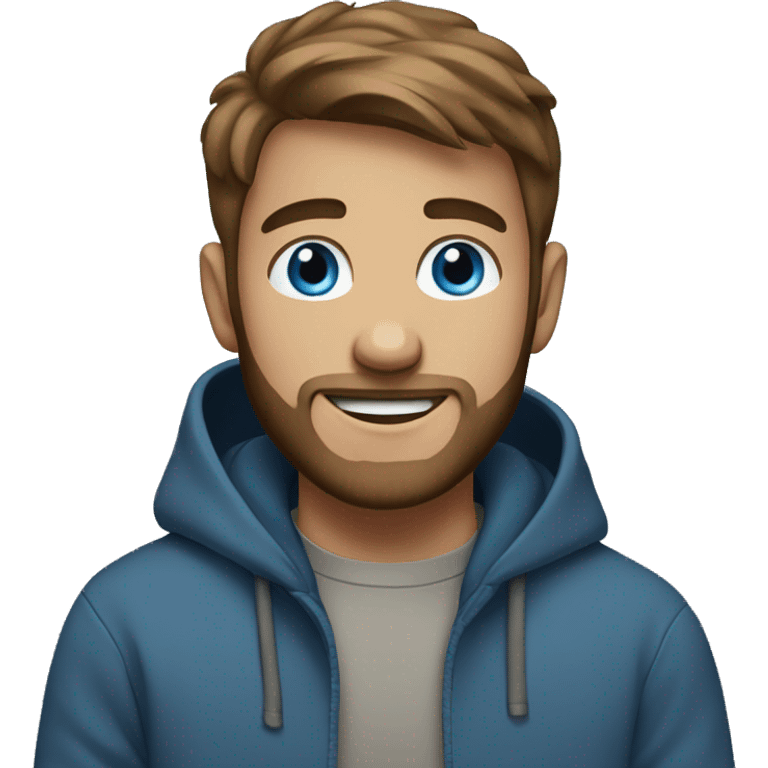 boy smiling with grey hoodie, brown short beard, blue eyes emoji