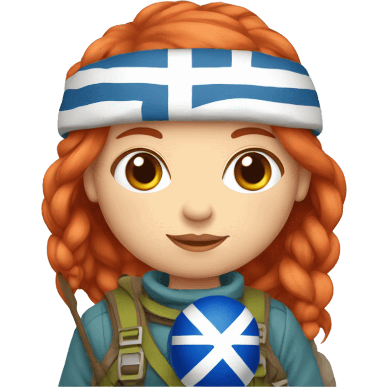 female winter mountaineer red hair holding greek flag and easter egg emoji