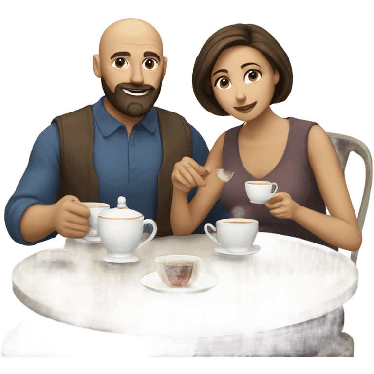 Bald man with beard and brown haired woman having a tea Time  emoji