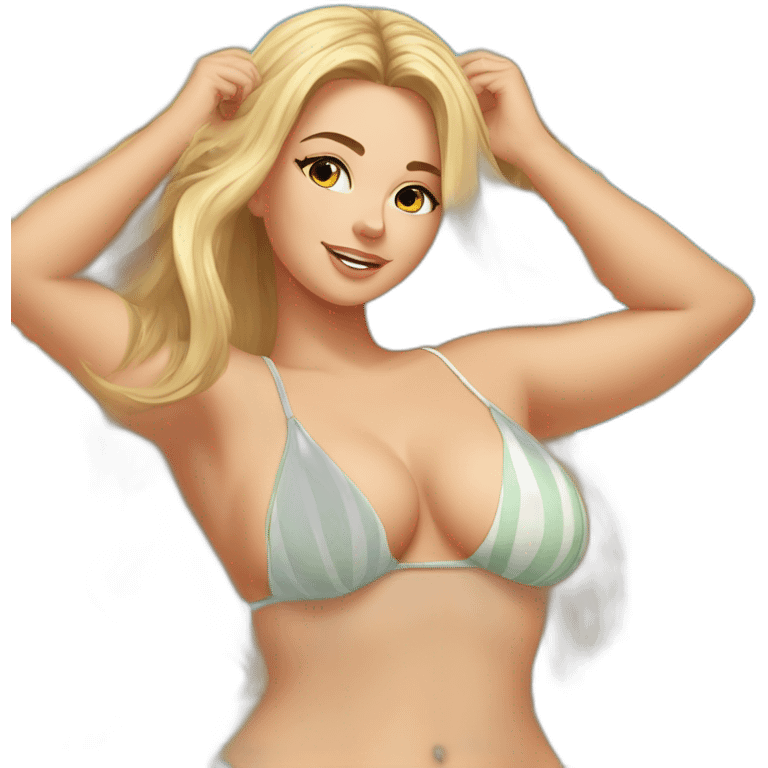 Slim-thicc Caucasian woman bikini hands-in-hair pose (beach body) full body emoji