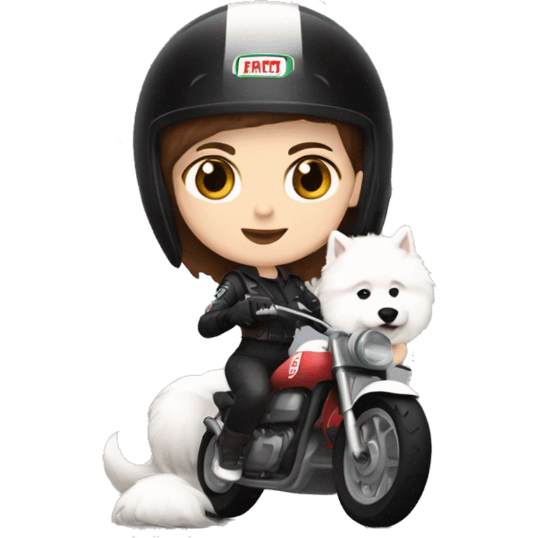 Girl biker white skin and brown short hair with a agv black helmet hugging a white Samoyed emoji