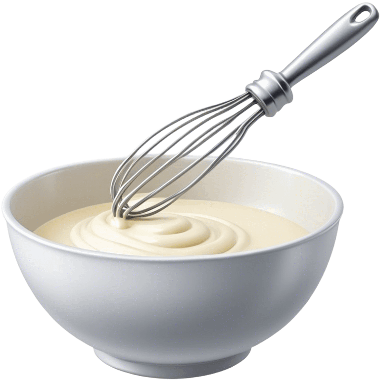 Cinematic Realistic Whisk & Mixing Bowl, a well-used metal whisk resting in a smooth ceramic mixing bowl, light reflecting off the whisk’s polished surface, subtle smears of batter along the rim, glowing with a sense of warmth and creativity. emoji