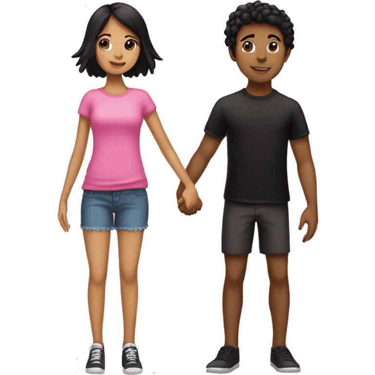 Emoji of a tan girl with black hair wearing pink and a boy with black hair wearing black holding hands emoji