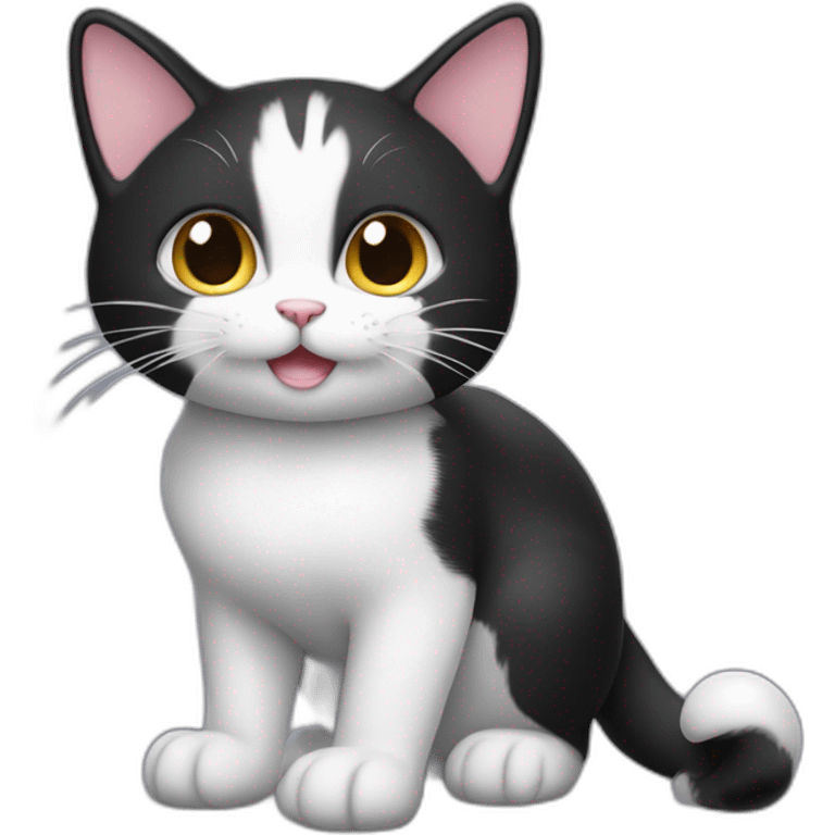 Cute happy Tux cat,her tail is raised, and the tip of the tail is a small white ball. emoji