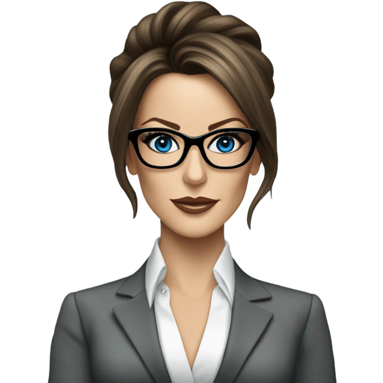 Elegant classy photo Kate Beckinsale blue eyes wearing glasses in a business meeting high fashion  emoji