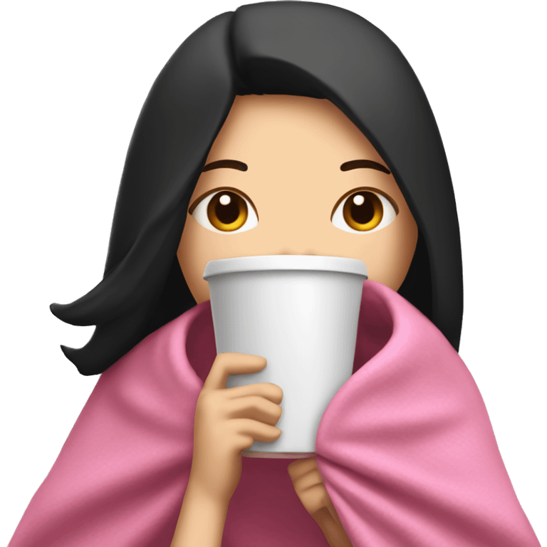 white girl with black straight hair inside a pink blanket sipping coffee eyes closed emoji