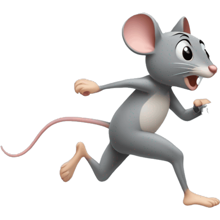 a grey mouse running flatout forward on a treadmil with sweat pouring off of his forehead.  emoji