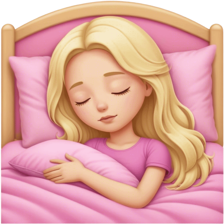 blonde girl with long hair asleep in pink bed emoji