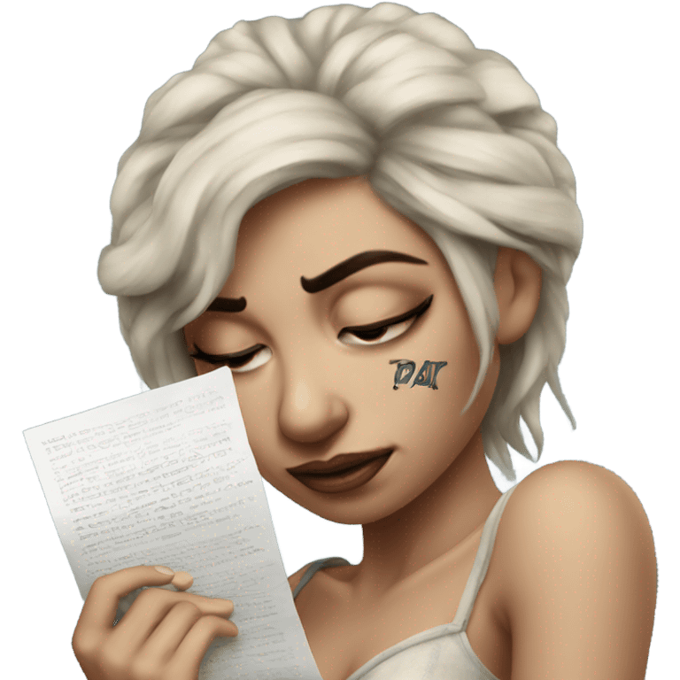 Hyper Realistic Beautiful tattooed woman crying holding a letter  emoji