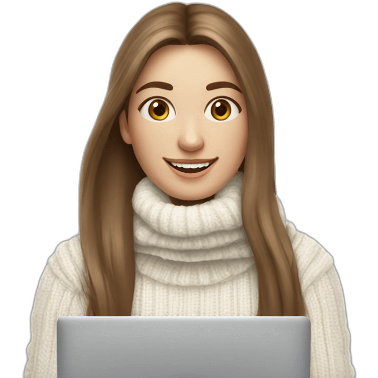 smiling without showing teeth woman with pale skin middle brown long straight hair with a laptop and a coffee mug wearing a white woolly shirt and a white woolly scarf with a turtle neck emoji