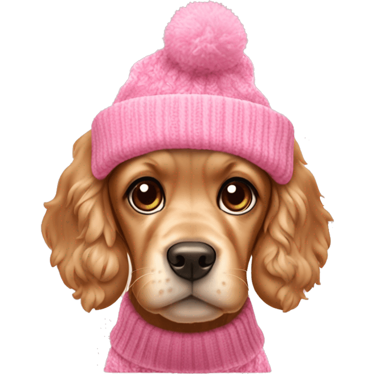 a cocker spaniel puppy in a pink Christmas sweater with a pink beanie emoji