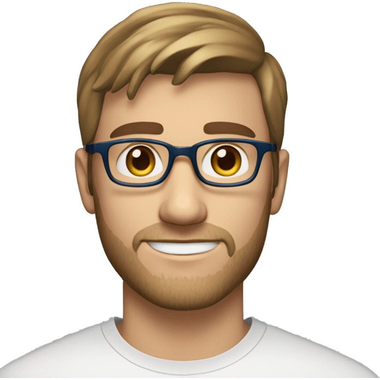 A 27 year old, caucasian man, with short brown hair, with stubble facial hair,  wearing glasses with blue eyes wearing a t-shirt. emoji