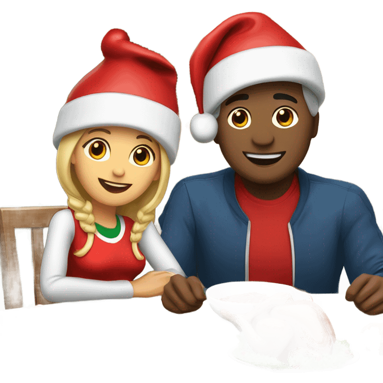 emoji Sports couple , a man and a woman in sportswear, sitting at the Christmas dinner table with a red Christmas hat emoji