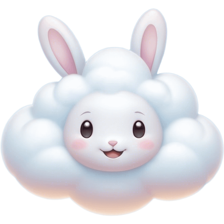 Cinematic tiny puffy bunny-shaped cloud, floating gently in the sky, soft glowing light, tiny rounded ears, smiling face, dreamy and magical. emoji