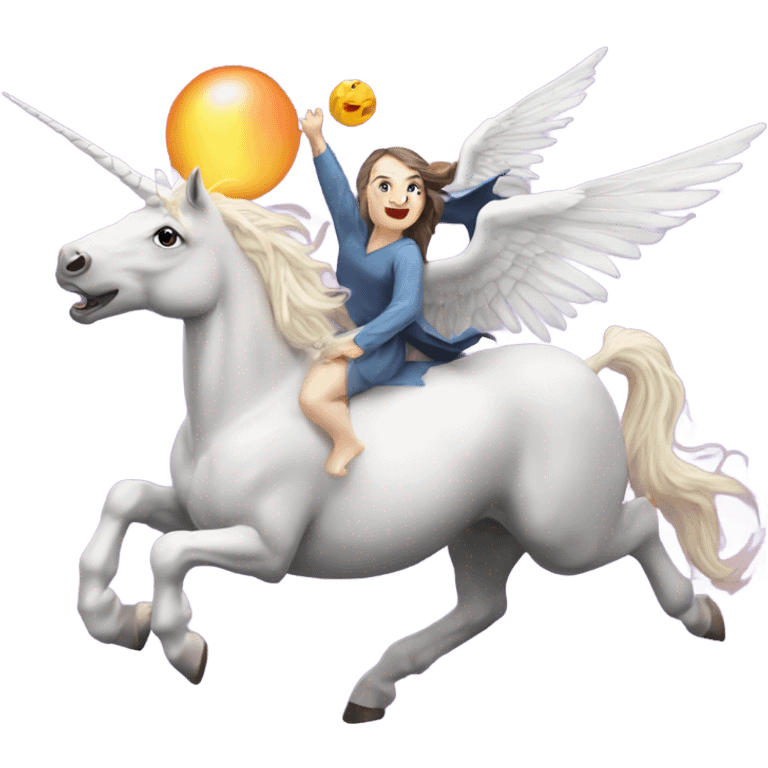 Unicorn flying with big wings and a pegasus and a witch chasing them emoji