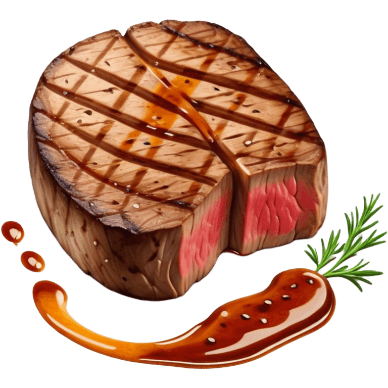 Cinematic thick-cut scotch fillet steak, perfectly seared with grill marks, a grilled center, rich and savory, warm glow, sizzling and mouthwatering, highly detailed and appetizing. emoji