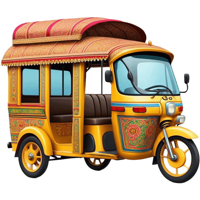 Cinematic Realistic Indian Auto Rickshaw Emoji, depicted as a colorful, bustling auto rickshaw with intricate designs and vibrant hues, rendered with lively textures and dynamic urban lighting that captures its quintessential presence in Indian cities. emoji