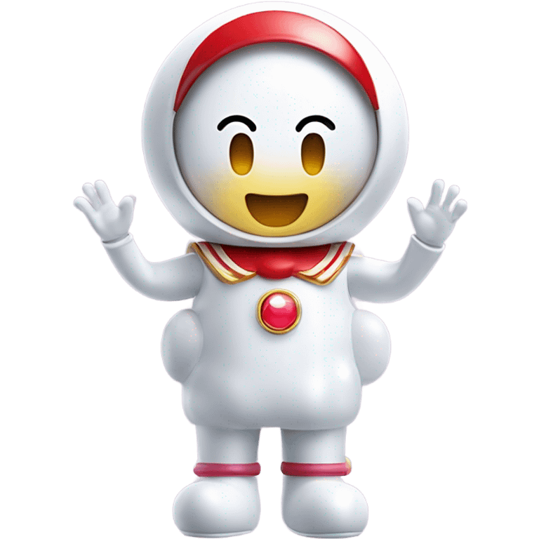 Very shiny full body character with pill capsule head with retro antennae and jetsons aesthetic sailor moon eyes  puffy body and welcoming waving arms Japanese animation inspired Anpanman with big boots and antennae red and white colors only emoji