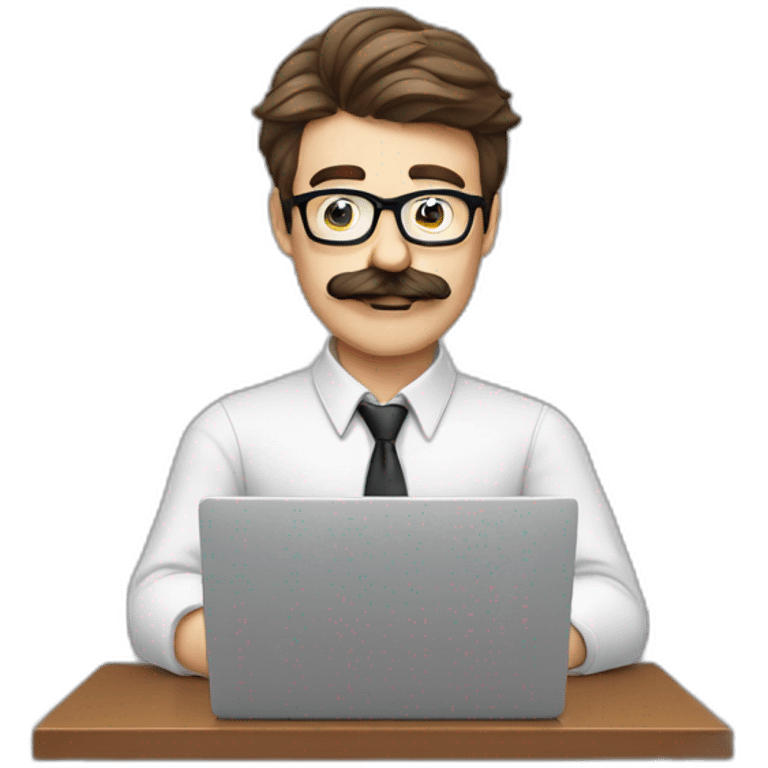 a nerd guy typing infront of laptop with moustache emoji