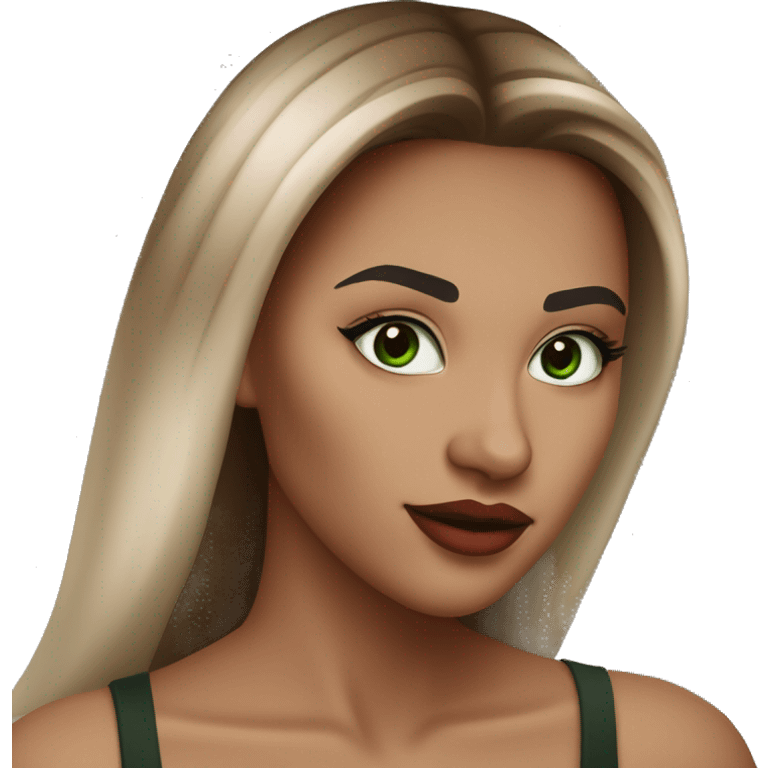 Woman light brown ombre hair Long straight, dezent red light lipstick, lightbrown eyebrows, dark lashes and Green eyes light Skin  emoji