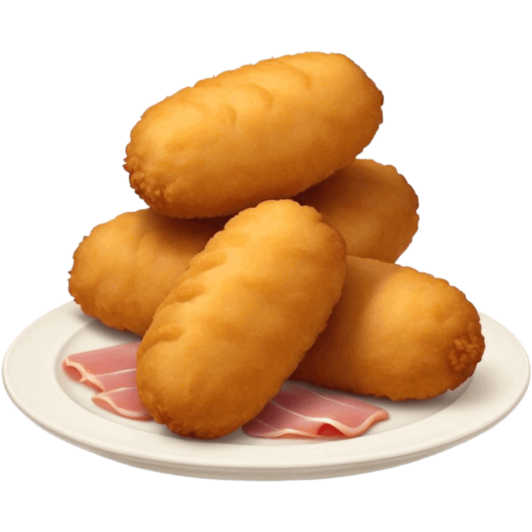 Cinematic Realistic Croquetas Dish Emoji, showcasing crispy, creamy croquettes filled with ham or chicken rendered with lifelike textures and appetizing, dynamic lighting. emoji