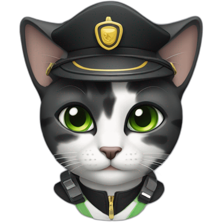 full black and grey calico cat with green eyes dressed as a pilot emoji