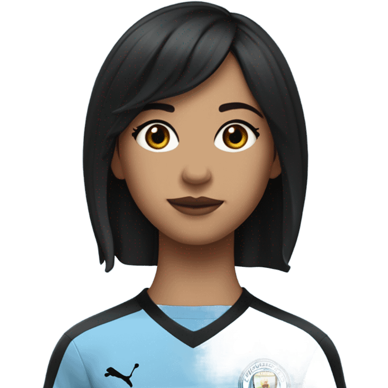 short hair girl, crunchy curtain bangs, with pixie back hair, black hair, dark brown eyes, with short eyelash, tan skin plump lower lip with a darker of shade on the upper lip, wearing a Manchester City jersey 24/25 season emoji